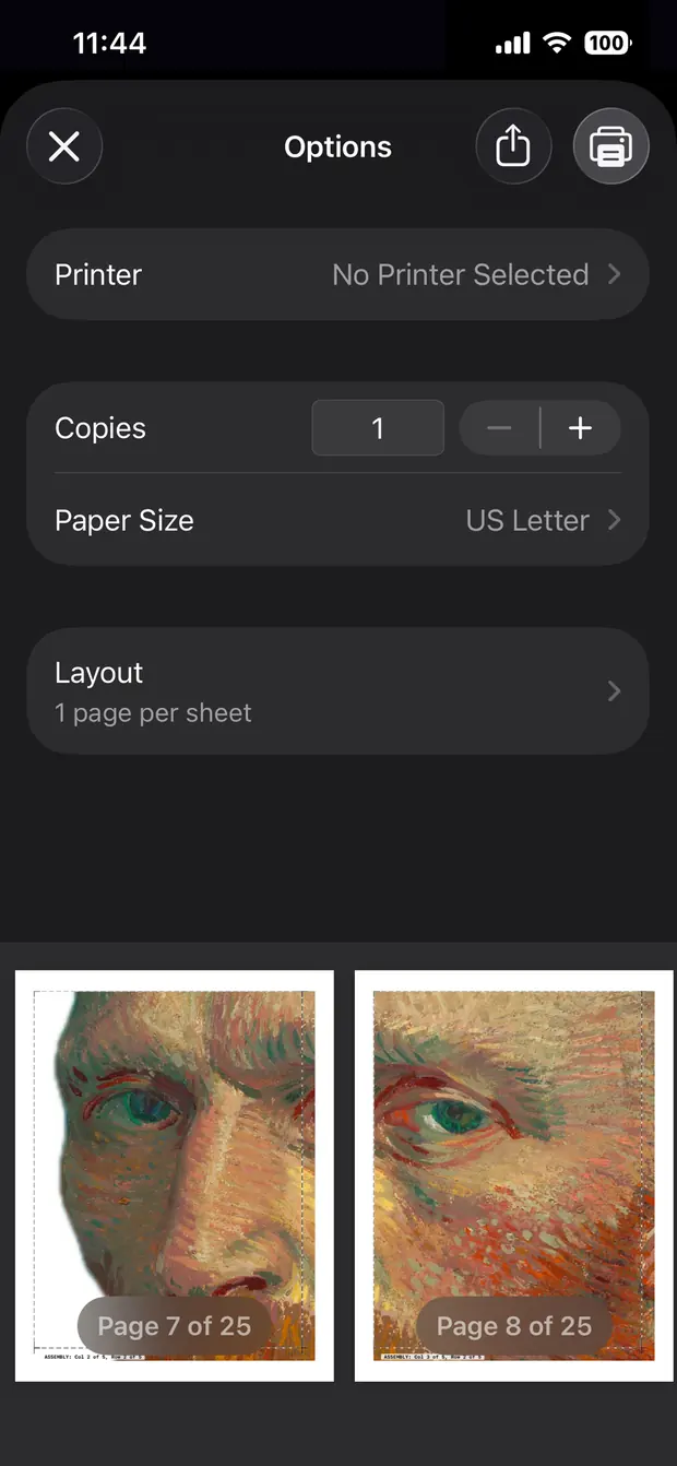 The iOS print sheet showing printer options, US Letter paper, and thumbnails of page 7 and page 8 of 25.