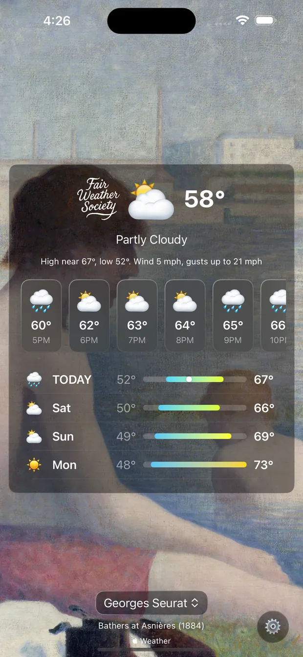 The app showing Partly Cloudy at 58 degrees over Seurat&rsquo;s Bathers at Asnières from 1884.