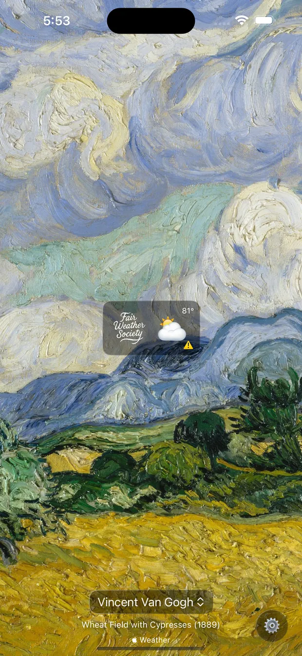 The app with the forecast panel hidden, showing Van Gogh&rsquo;s Wheat Field with Cypresses from 1889 filling the whole screen.