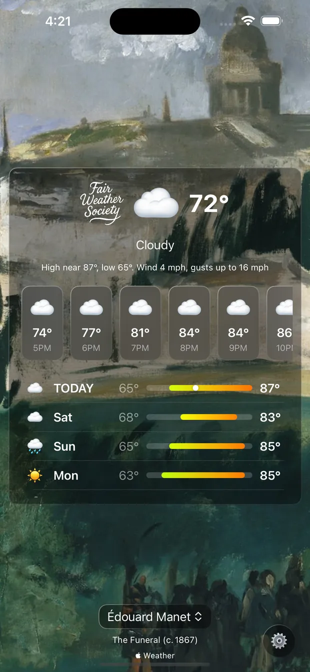 The app showing Cloudy at 72 degrees over Manet&rsquo;s The Funeral from around 1867.