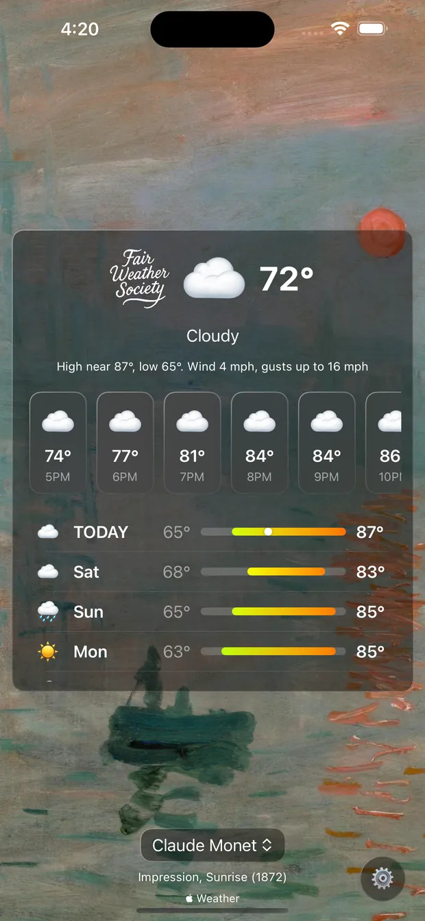 The app showing Cloudy at 72 degrees over Monet&rsquo;s Impression, Sunrise from 1872.