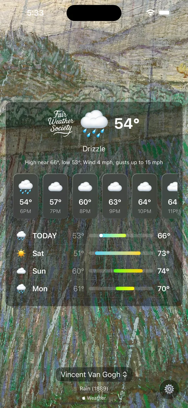 The app showing Drizzle at 54 degrees over Van Gogh&rsquo;s painting Rain from 1889, with an hourly forecast and a four-day outlook.