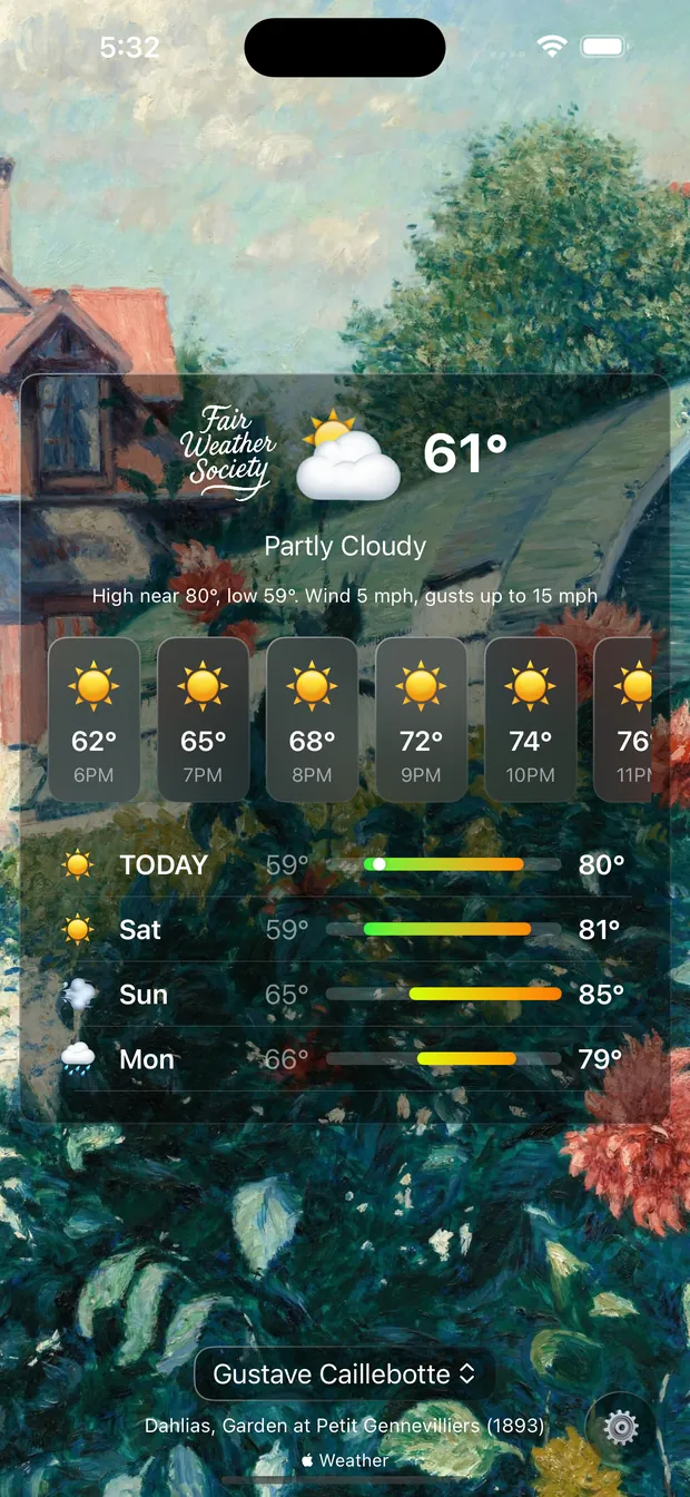 The app showing Partly Cloudy at 61 degrees over Caillebotte&rsquo;s Dahlias, Garden at Petit Gennevilliers from 1893.