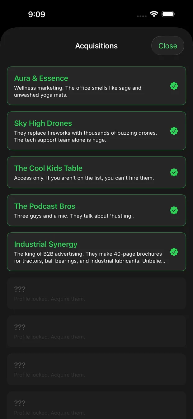 The Acquisitions list showing satirical agencies including Aura and Essence, Sky High Drones, The Cool Kids Table, The Podcast Bros and Industrial Synergy, with several locked entries below.