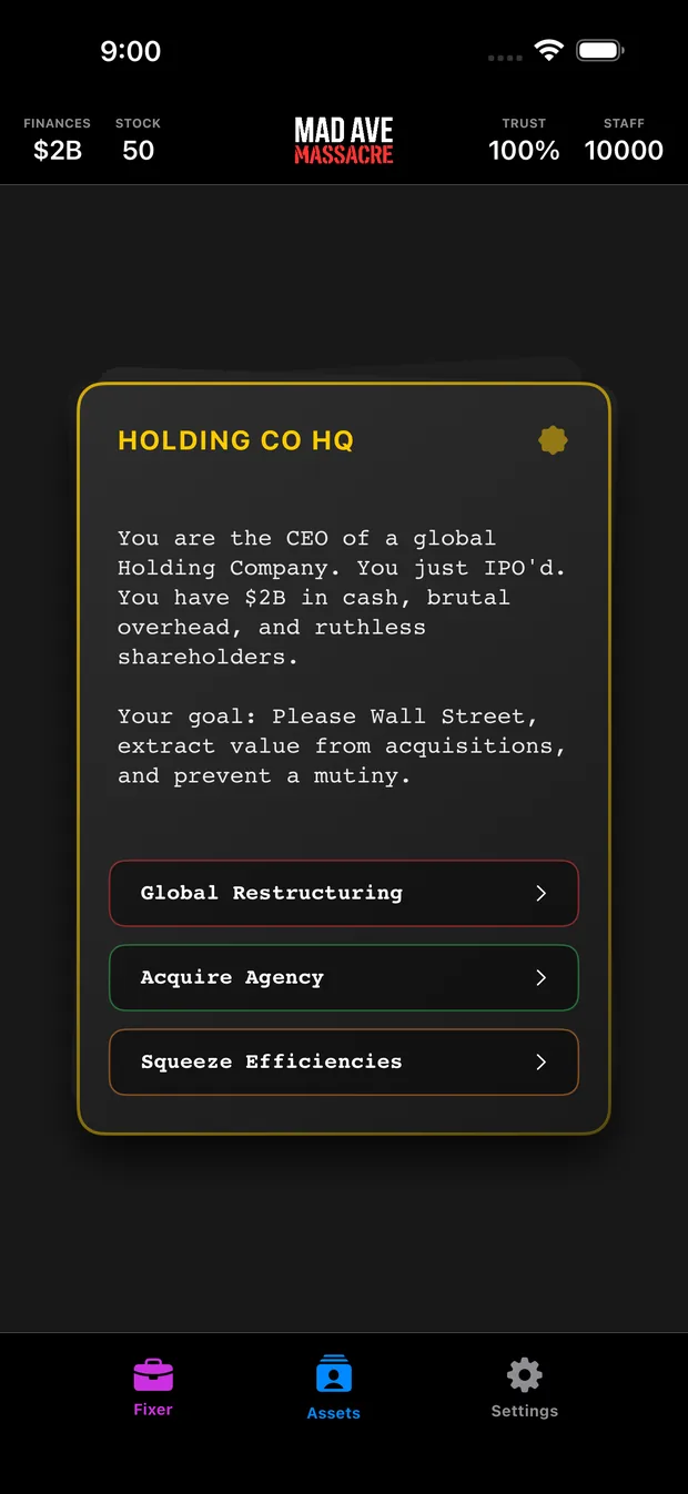 The Holding Co HQ card: two billion dollars, fifty clout, ten thousand staff, with buttons for Global Restructuring, Acquire Agency and Squeeze Efficiencies.