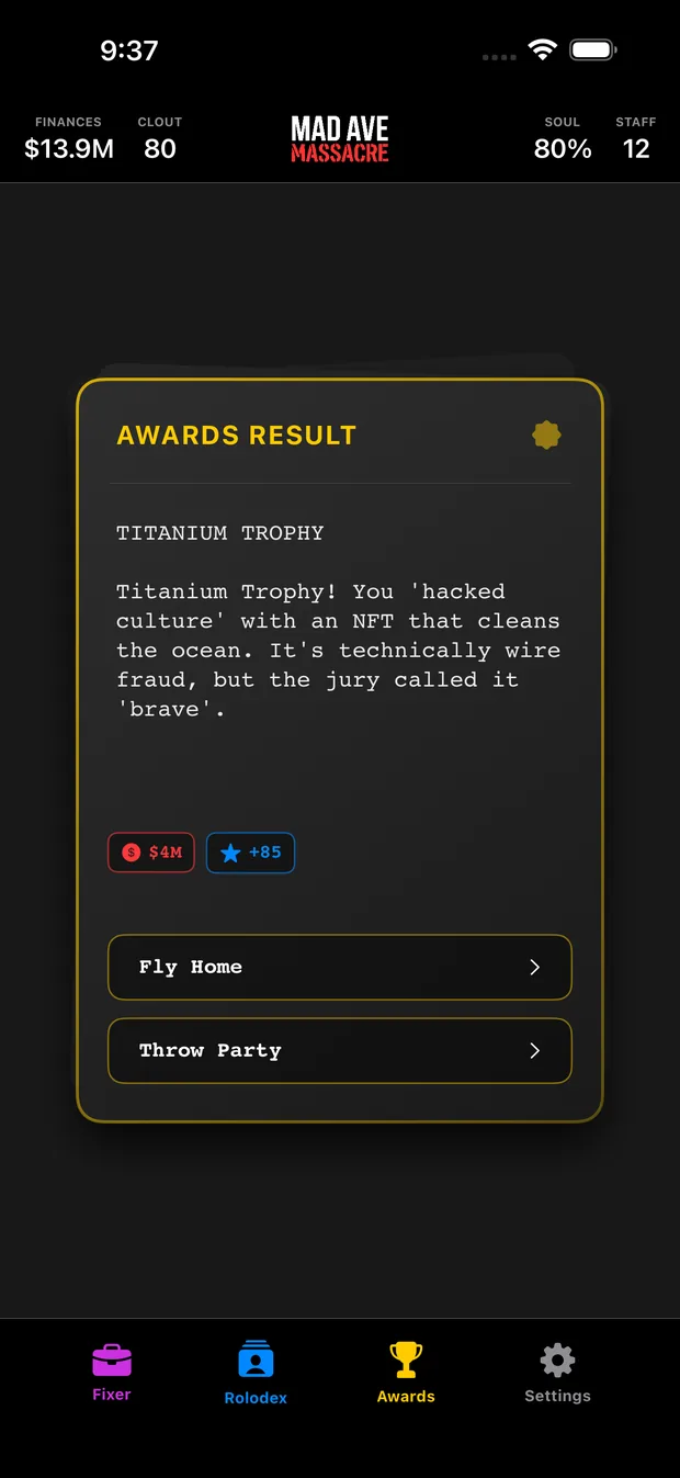 An Awards Result card: Titanium Trophy, awarded for hacking culture with an NFT that cleans the ocean, noted as technically wire fraud but called brave by the jury.