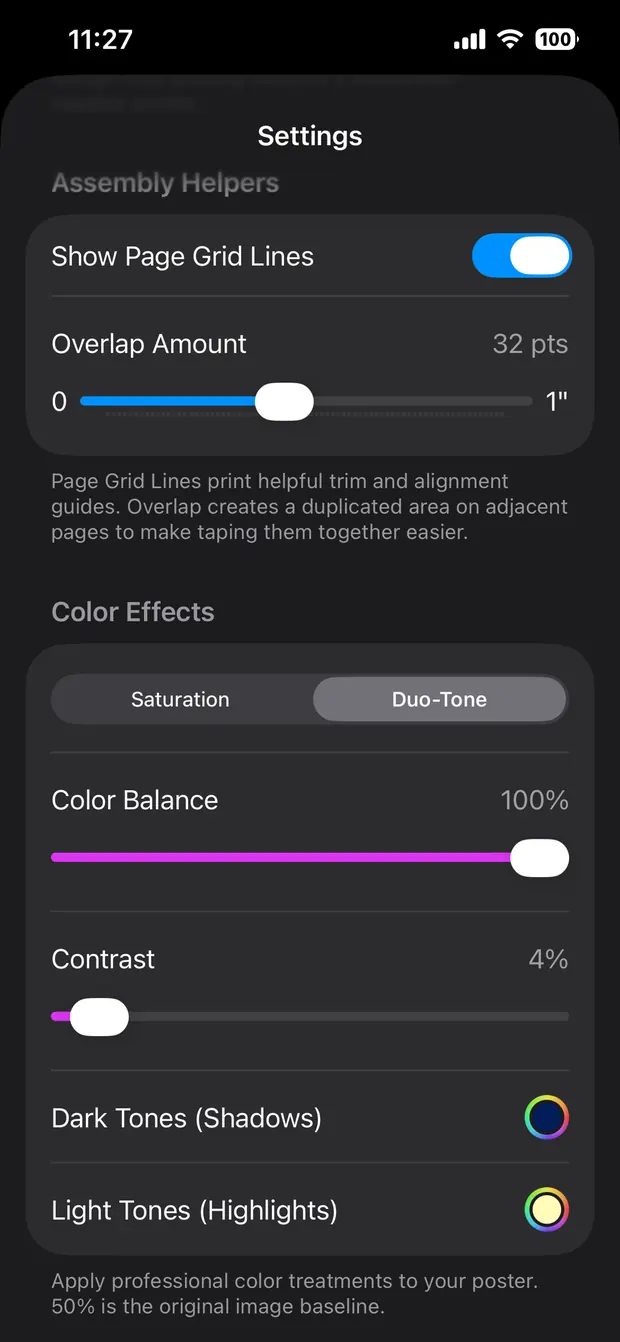 The settings panel showing Duo-Tone selected, with a color balance slider, a contrast slider, and color wells for dark tones and light tones.