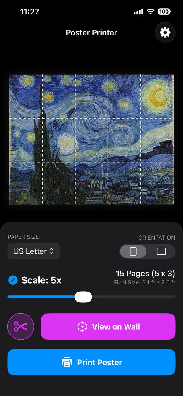 The main Poster Printer screen: The Starry Night divided by dashed lines into a five-by-three grid, with the scale set to 5x, 15 Pages (5 x 3), a final size of 3.1 by 2.5 feet, and View on Wall and Print Poster buttons.