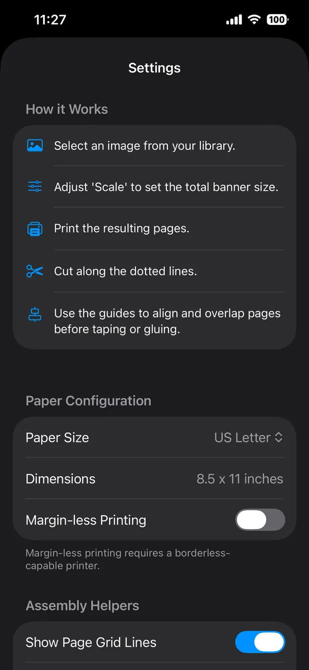 The settings screen showing paper configuration: paper size, dimensions, a margin-less printing toggle, and an assembly helpers section.