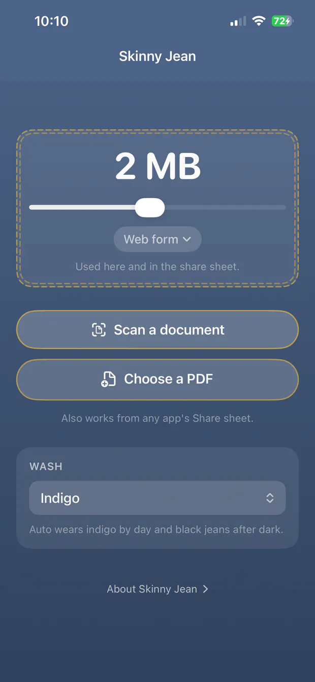 The Skinny Jean iPhone app showing a 2 MB target with the gate menu set to “Web form”, above buttons reading Scan a document and Choose a PDF.