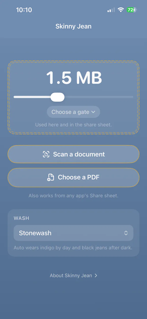 The Skinny Jean iPhone app in its pale Stonewash appearance, showing the size slider, the Scan a document and Choose a PDF buttons, and the wash picker.