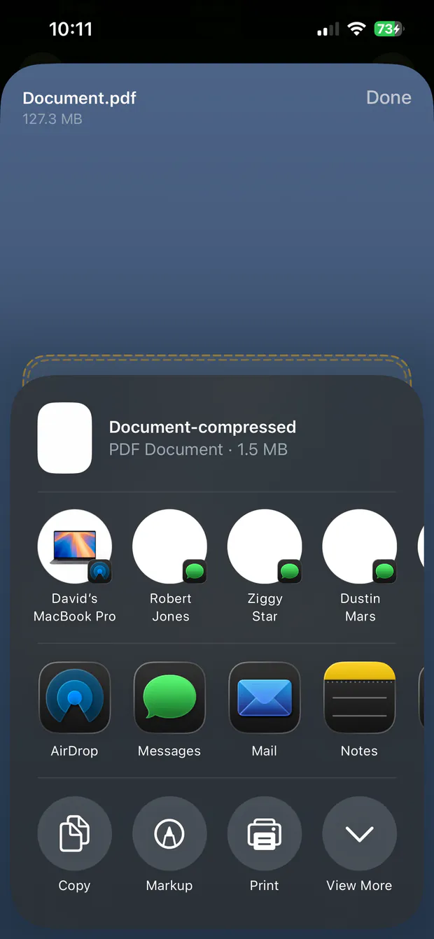 The iOS share sheet passing on a file called Document-compressed, a 1.5 MB PDF, with AirDrop, Messages, Mail and Notes as destinations.