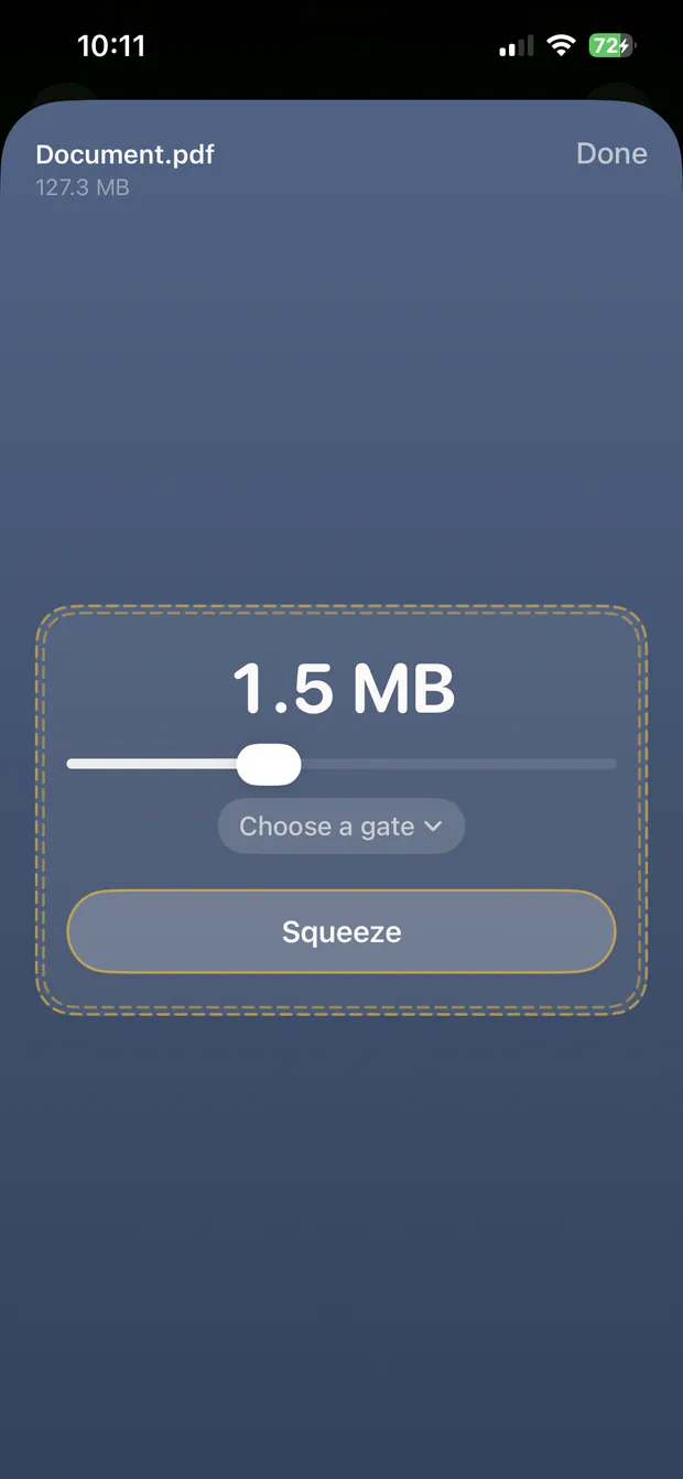 The Skinny Jean share sheet over a 127.3 MB PDF named Document.pdf, showing a target of 1.5 MB, a slider, a “Choose a gate” menu and a Squeeze button.