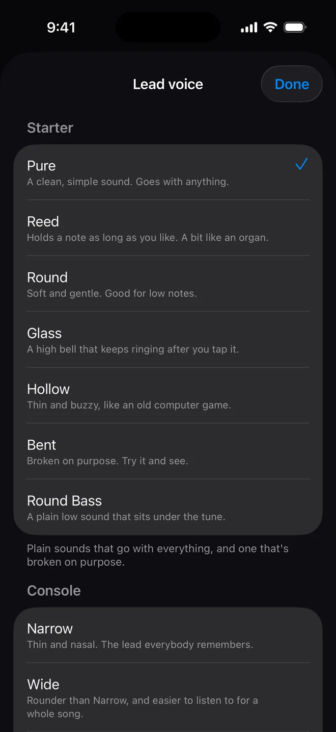 The voice picker, listing voices with plain-language descriptions